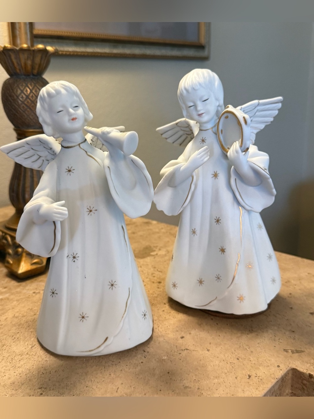 Rare Vintage Schmid Porcelain Angels - Trumpet & Tambourine Set